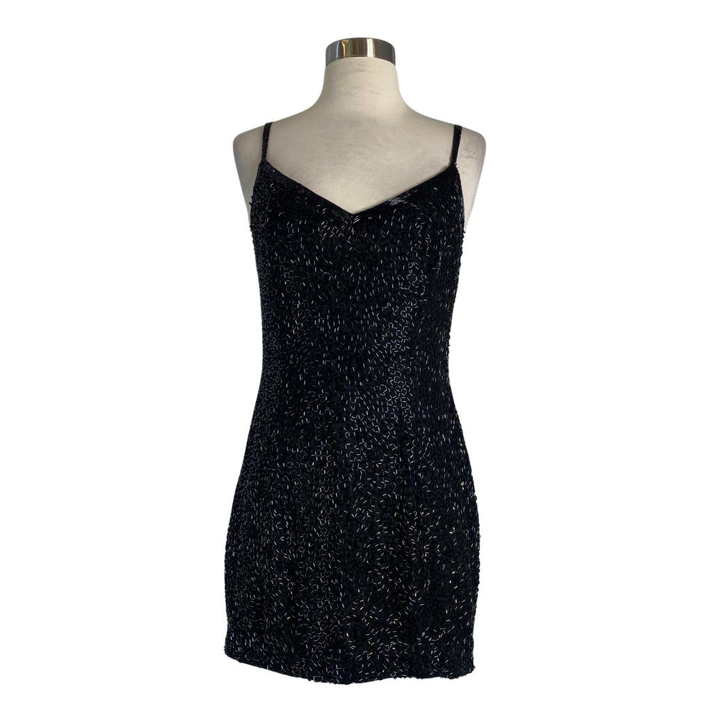 OLEG CASSINI Black Tie Short Beaded Dress Black Size 6