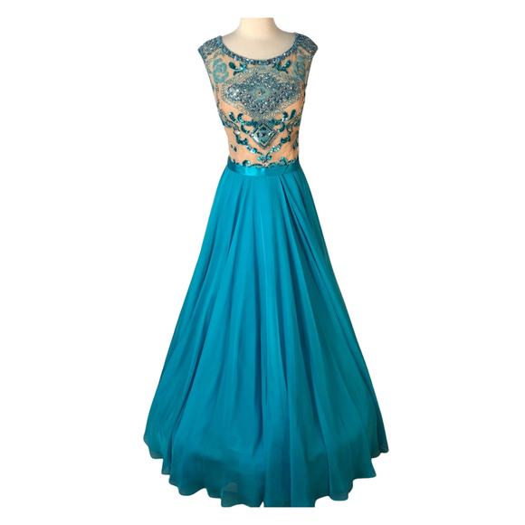 SHERRI HILL 11332 Turquoise & Nude Long Embellished Gown Size 18