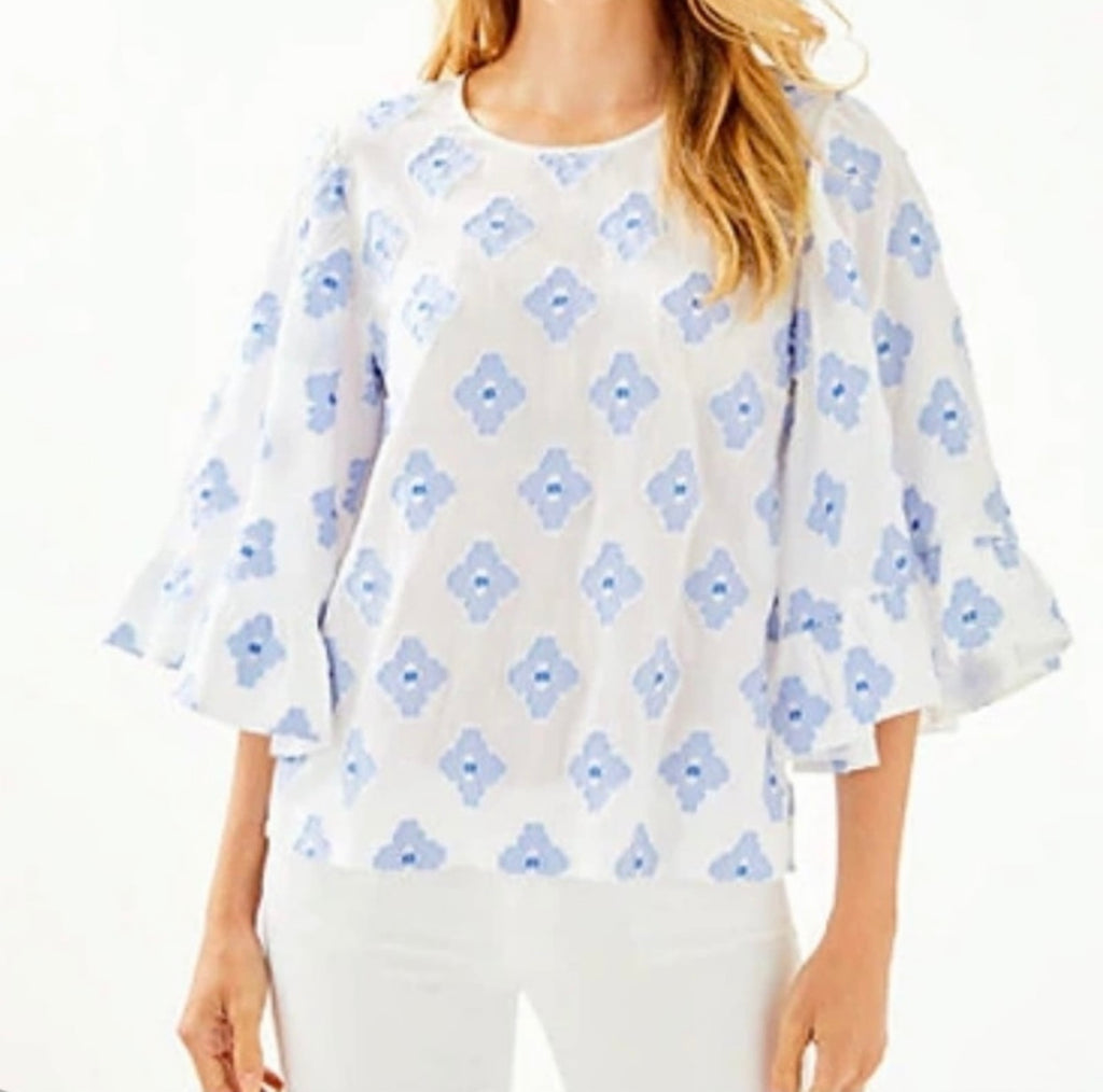 LILLY PULITZER Francis Top Medallion Lurex Clip Jacquard Blue/ White Size Medium