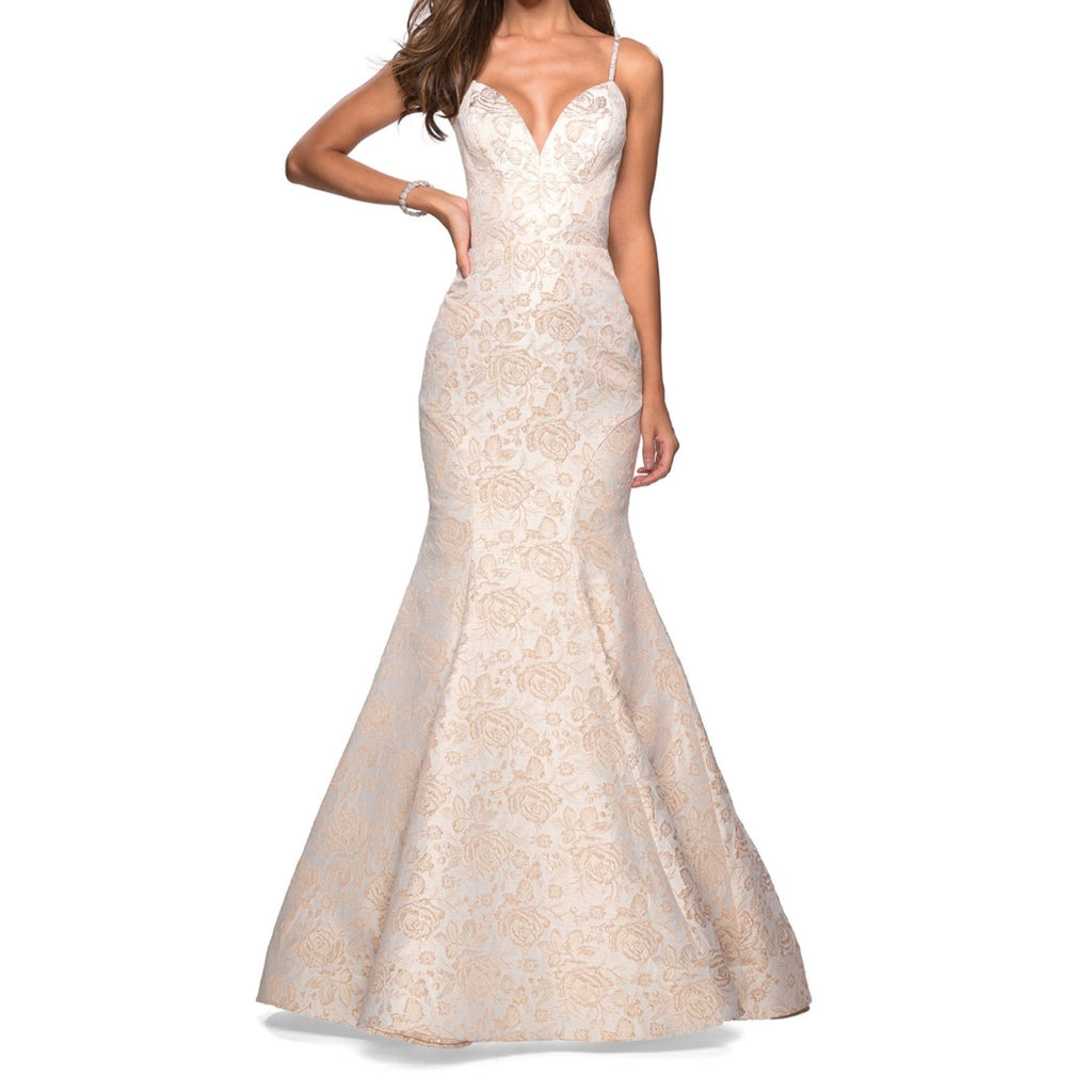 LA FEMME 27310 Ivory Gold Metallic Floral Print Long V-Neckline Trumpet Dress Size 2