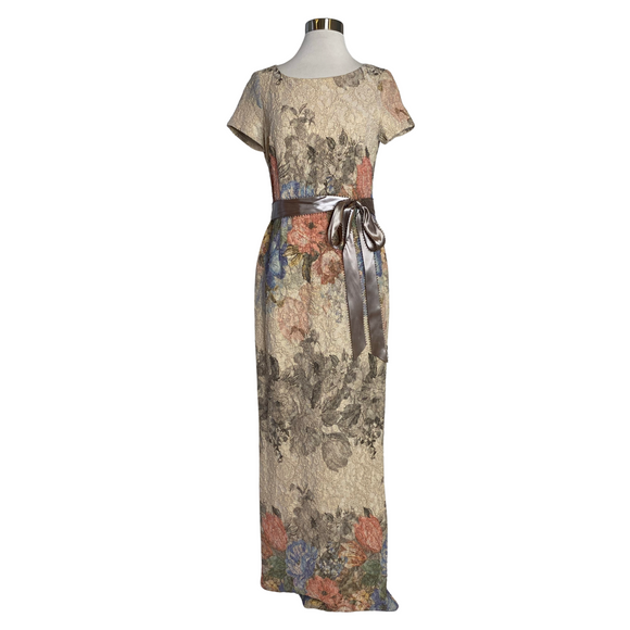ADRIANNA PAPELL Floral Print Column Gown Beige Size 6
