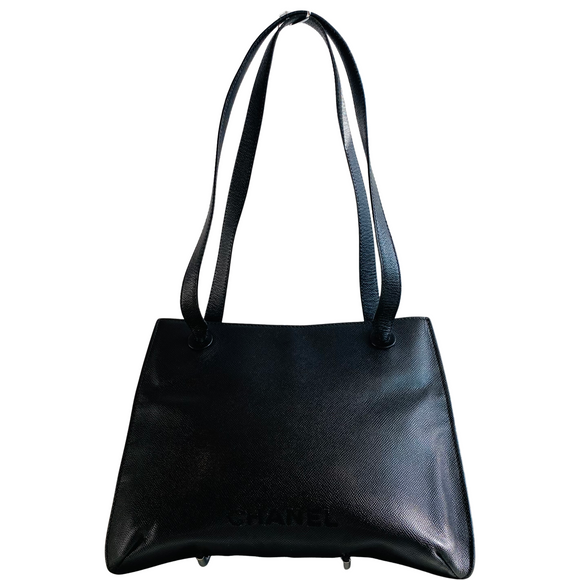 CHANEL Logo Caviar Black Leather Tote Shoulder Bag