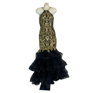 RACHEL ALLAN Long Tiered Trumpet Gown Black/Gold Size 4