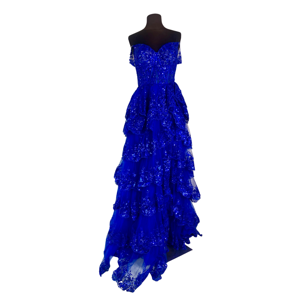 SHERRI HILL Style 55500 Long Tiered Ruffle Gown Royal Blue Size 14