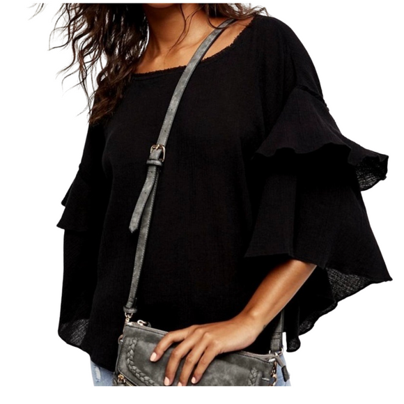 FREE PEOPLE Cotton Gauze Ruffled Sleeve Blouse Black Size XS