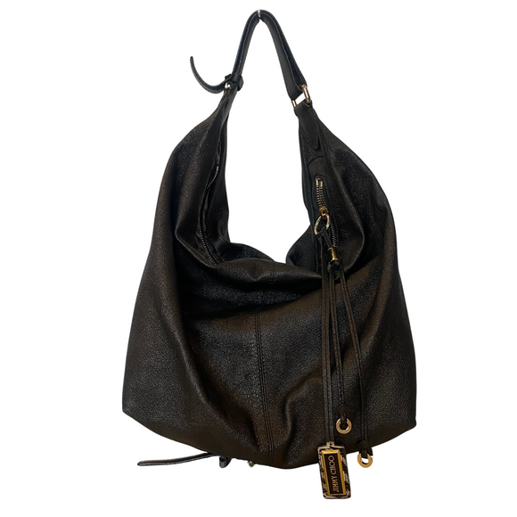 JIMMY CHOO Leather Hobo Handbag Shoulder Bag Black