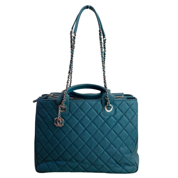CHANEL Quilted Urban Companion Caviar Top Handle Tote Shoulder Bag Blue