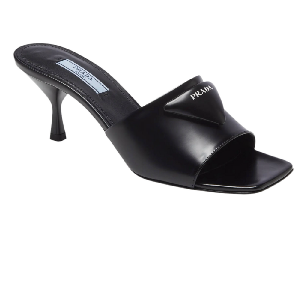 PRADA Triangle Logo Slide Sandal Kitten Heel Black Size 38.5