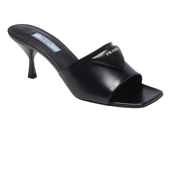 PRADA Triangle Logo Slide Sandal Kitten Heel Black Size 38.5