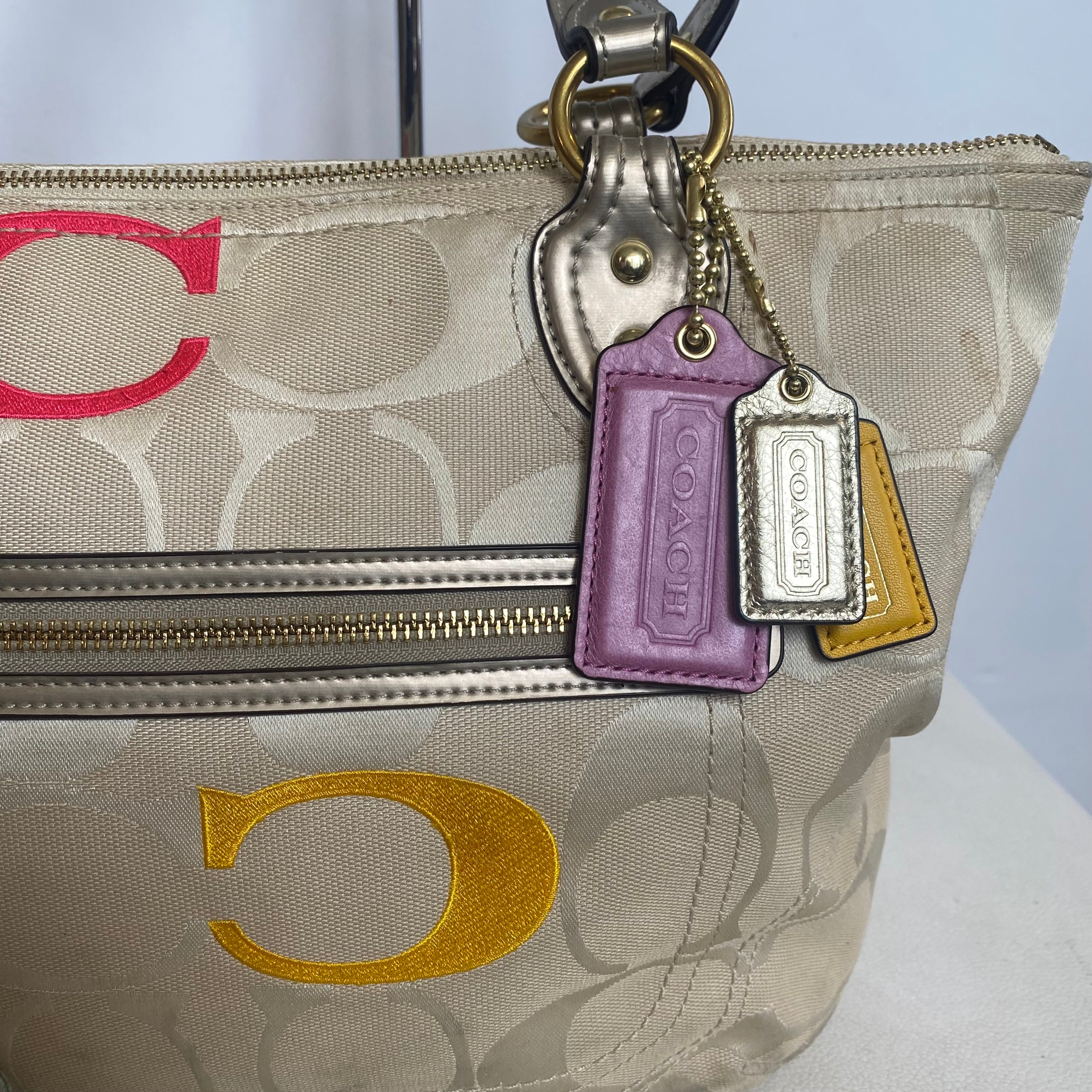 COACH #L1220-23521 Poppy Tote Shoulder Bag Embroidered C Tan