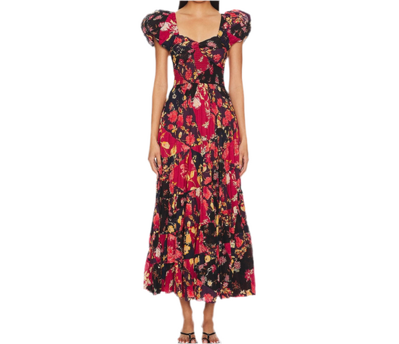 FREE PEOPLE Sun-drenched Short Sleeve Maxi Dress Red Floral Size Medium