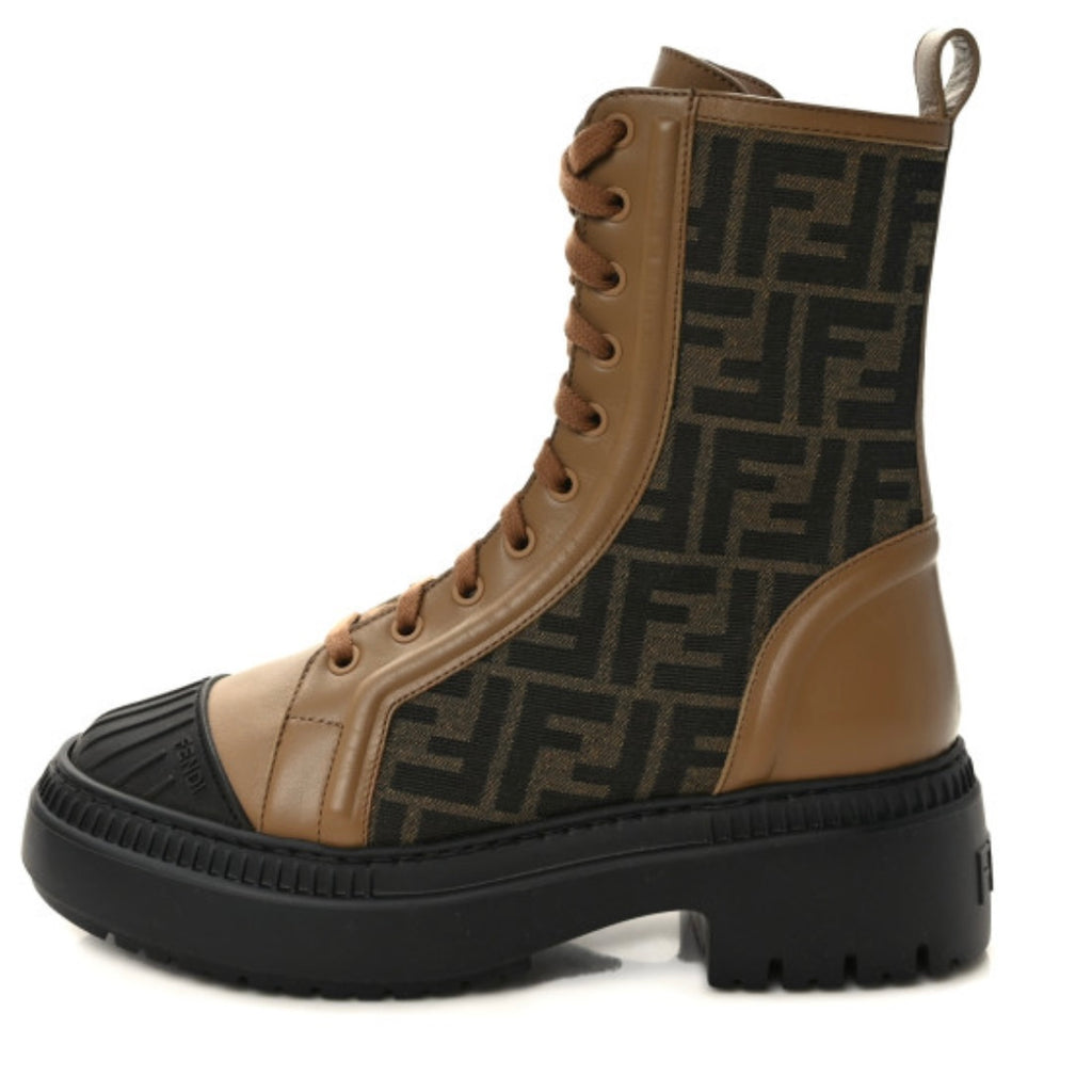 FENDI Fabric Jacquard Vitello FF Domino 50mm Biker Boots 36.5 Tabacco/Black Sand