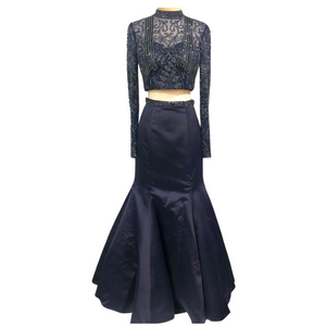 SHERRI HILL 51107 Navy Blue Two-Piece Satin Mermaid with Long Sleeve Beaded Bodice Dress Size 4