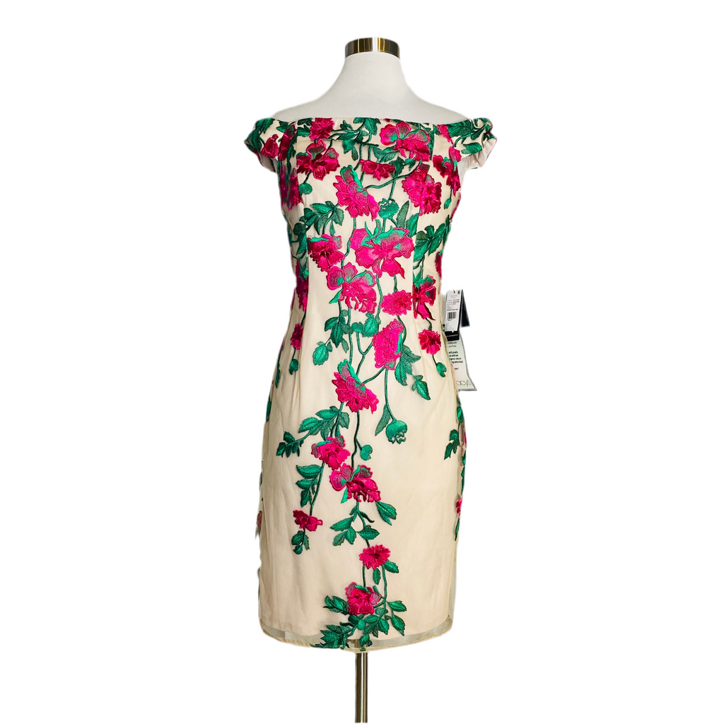 ADRIANNA PAPELL Off the Shoulder Midi Cocktail Dress Nude Floral Size 6 NWT