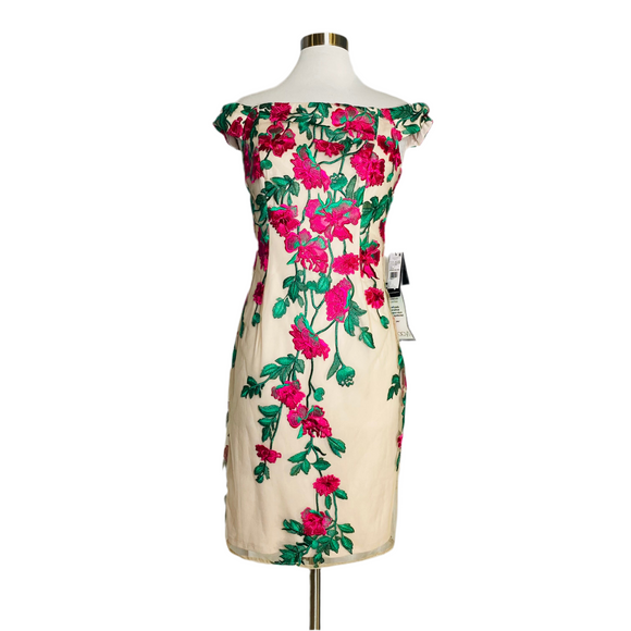 ADRIANNA PAPELL Off the Shoulder Midi Cocktail Dress Nude Floral Size 6 NWT
