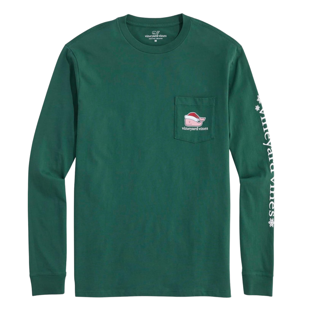 VINEYARD VINES Long Sleeve Santa Whale Pocket Tee Shirt Green Size Small