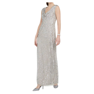 ADRIANNA PAPELL Long Sequin Gown Silver Size 10 NWT