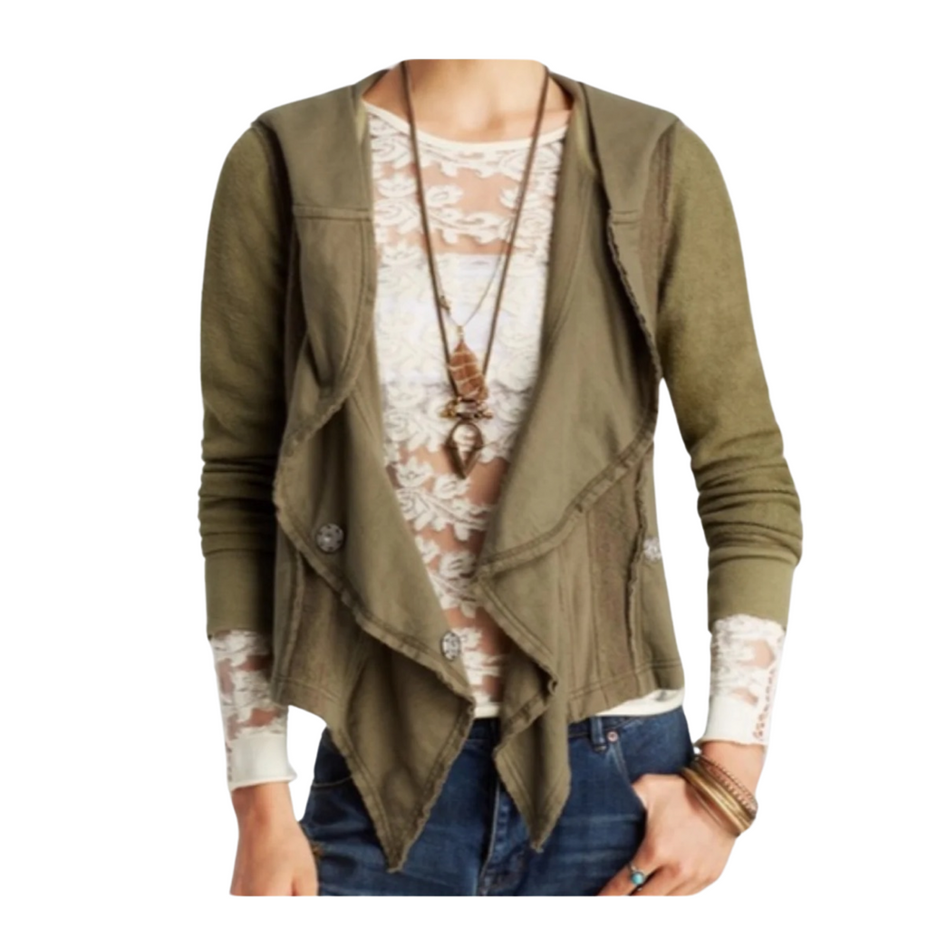 FREE PEOPLE Olive Green Clementine Lace Inset Hoodie Size XS