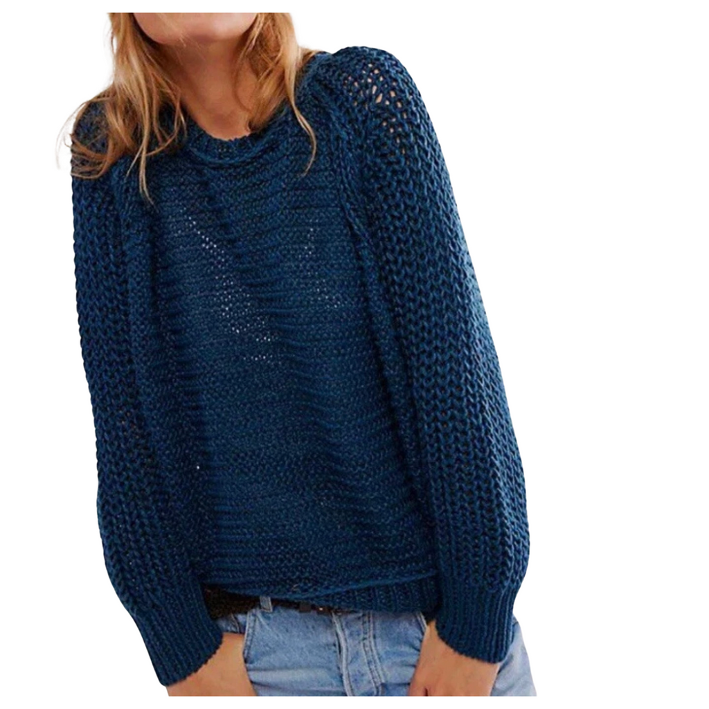 FREE PEOPLE We The Free Linen Chunky Knit Sweater Majolica Blue Size Large