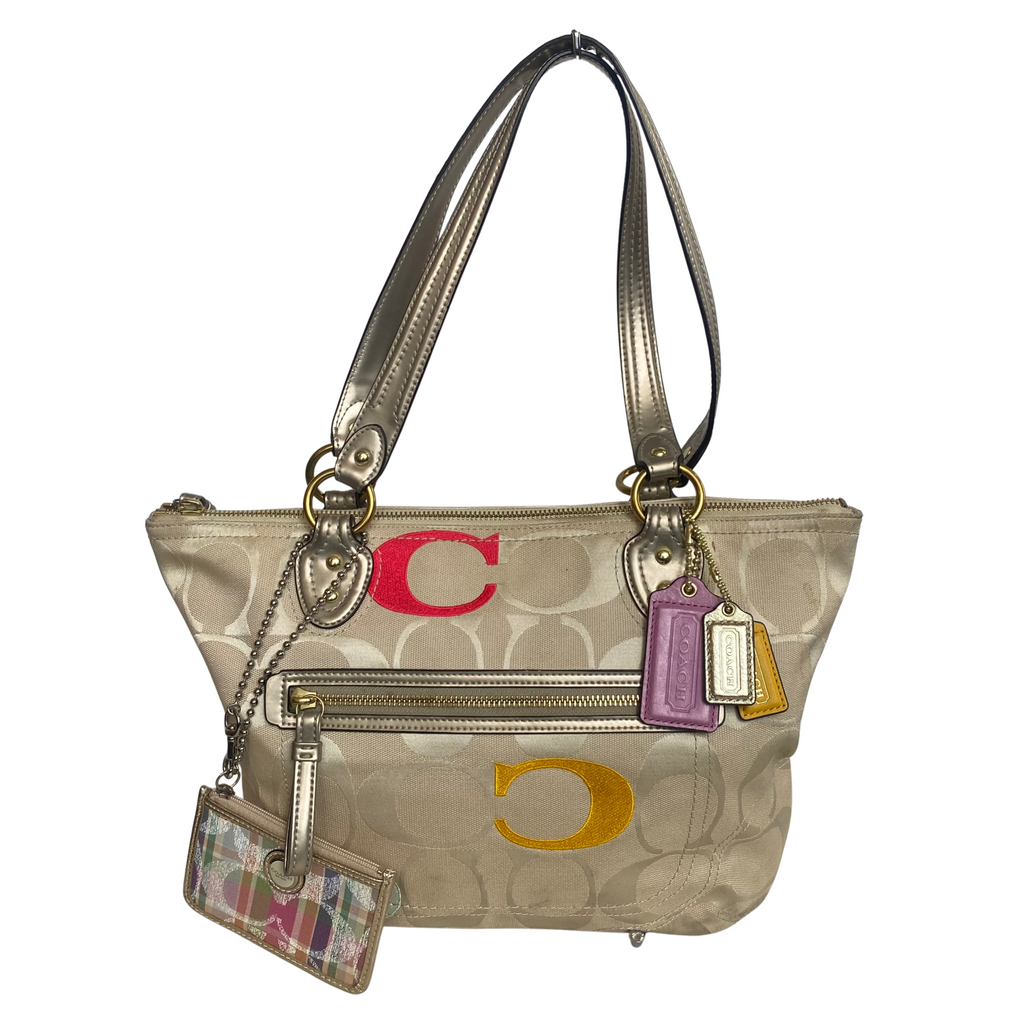 COACH #L1220-23521 Poppy Tote Shoulder Bag Embroidered C Tan Multicolor