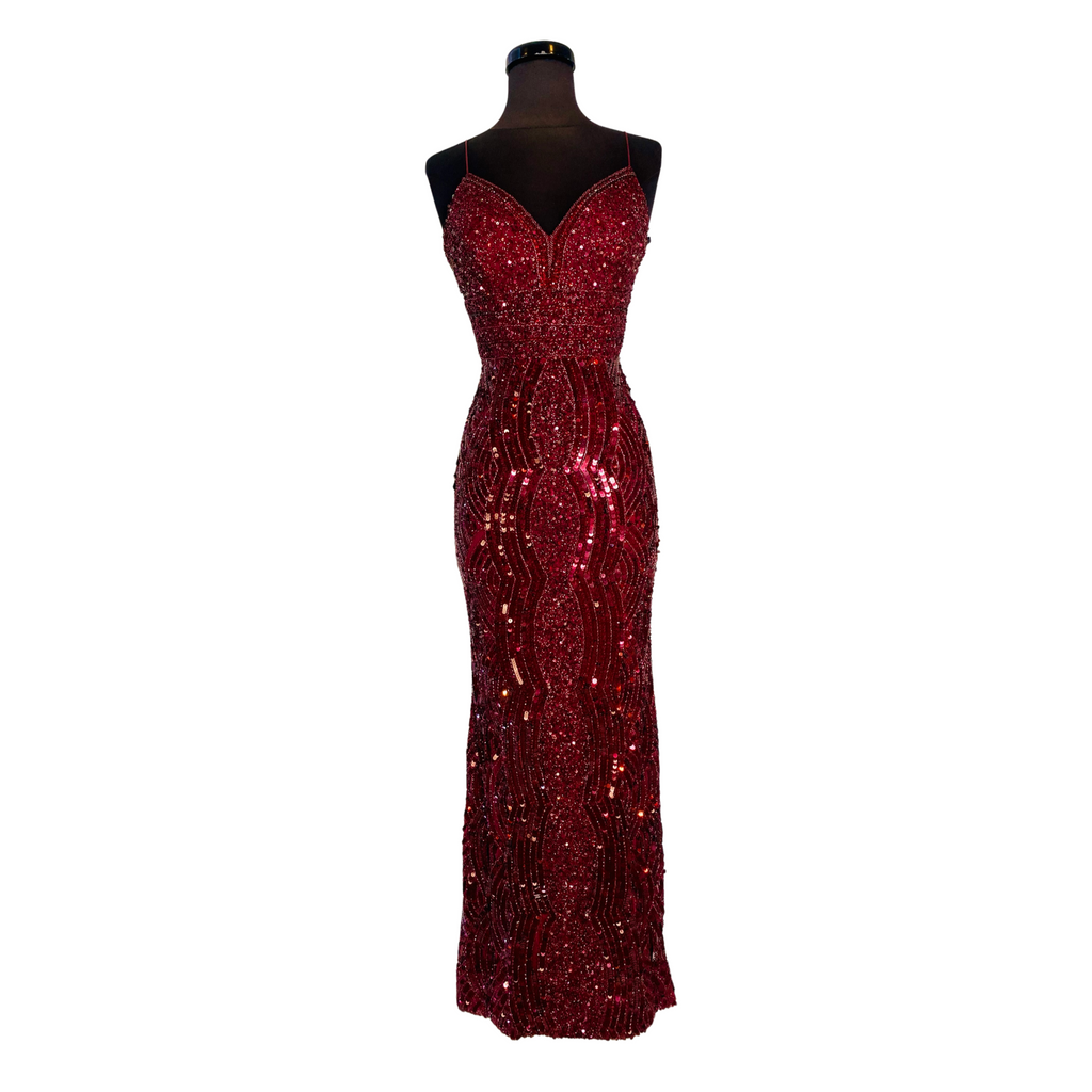 SHERRI HILL Long Sequin Wine Size 2