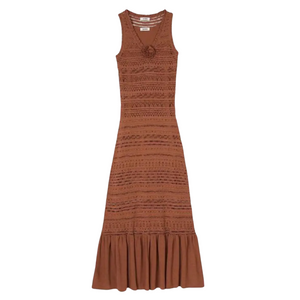 SANDRO Crochet Knit Dress Hollowed out Maxi Tank Dress Size 36 Marron NWT