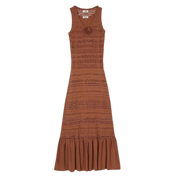 SANDRO Crochet Knit Dress Hollowed out Maxi Tank Dress Size 36 Marron NWT