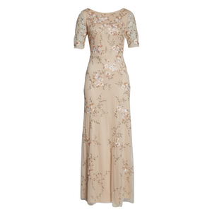 ADRIANNA PAPELL Long Mesh Floral Gown Taupe Size 8