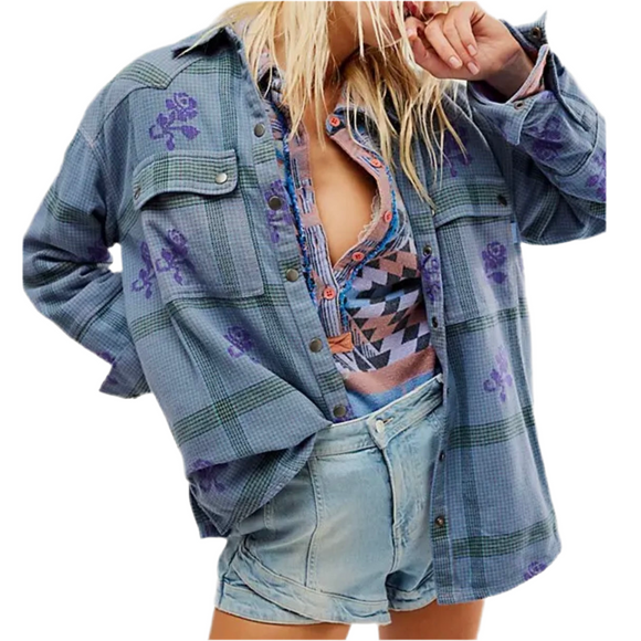 FREE PEOPLE We The Free Visby Plaid Top Denim Grey Overdye Size Small