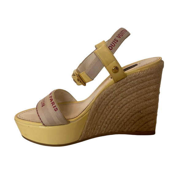LOUIS VUITTON Beige/Yellow Canvas Strap Espadrilles Wedge Sandals Size 36