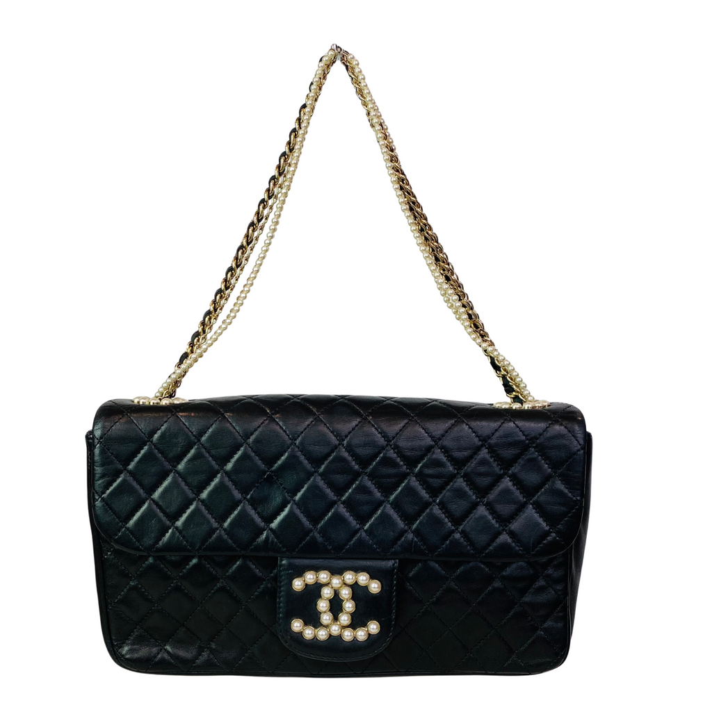 CHANEL Quilted Pearl CC Flap Shoulder Bag Black