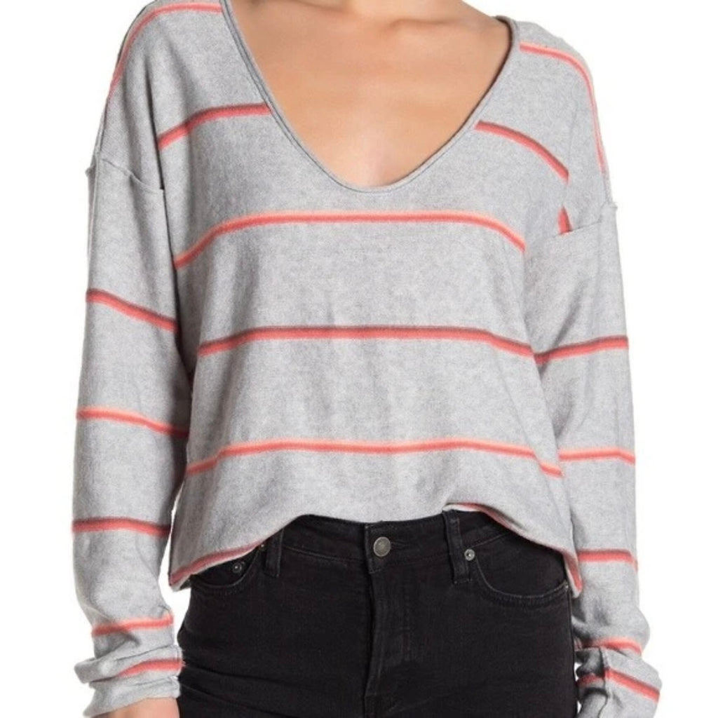 FREE PEOPLE Make You Mine Striped Sweater Gray/Coral Size Medium
