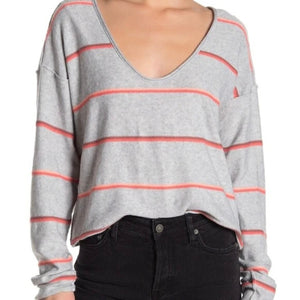 FREE PEOPLE Make You Mine Striped Sweater Gray/Coral Size Medium