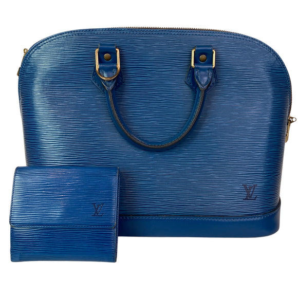 LOUIS VUITTON Epi Alma PM Satchel Handbag with Epi Elise Wallet in Blue