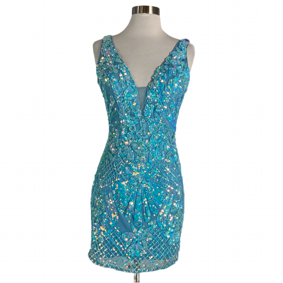 PRIMAVERA Style 4218 Short Beaded Dress Crystal Blue Size 4