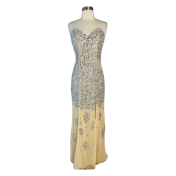 JOVANI 4247 Nude and Silver Strapless Embellished High Slit Dress Size 6
