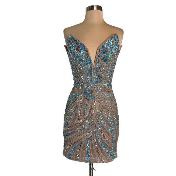 short beaded cocktail dress Elizabeth K GS1106 Prom Dress - Pink