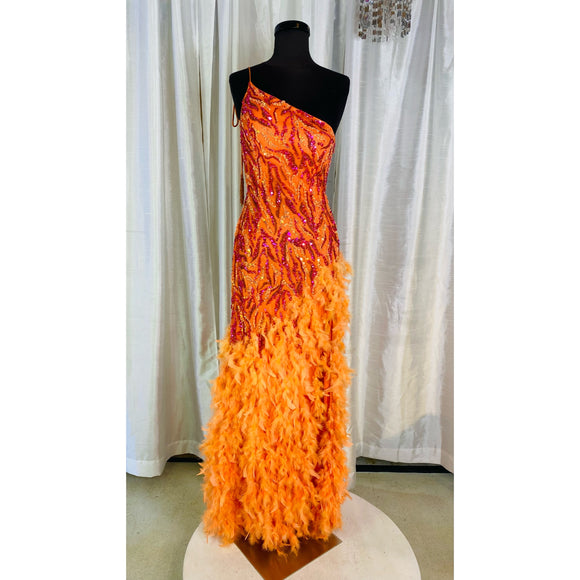 RACHEL ALLAN Style#70412 Long One Shoulder Gown Tangerine Multi Size 4