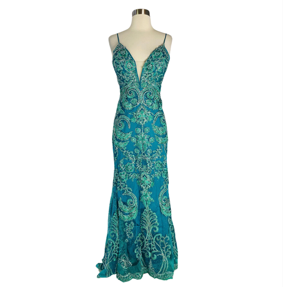 RACHEL ALLAN Style # 7048 Emerald Green Long Embellished Gown Size 8