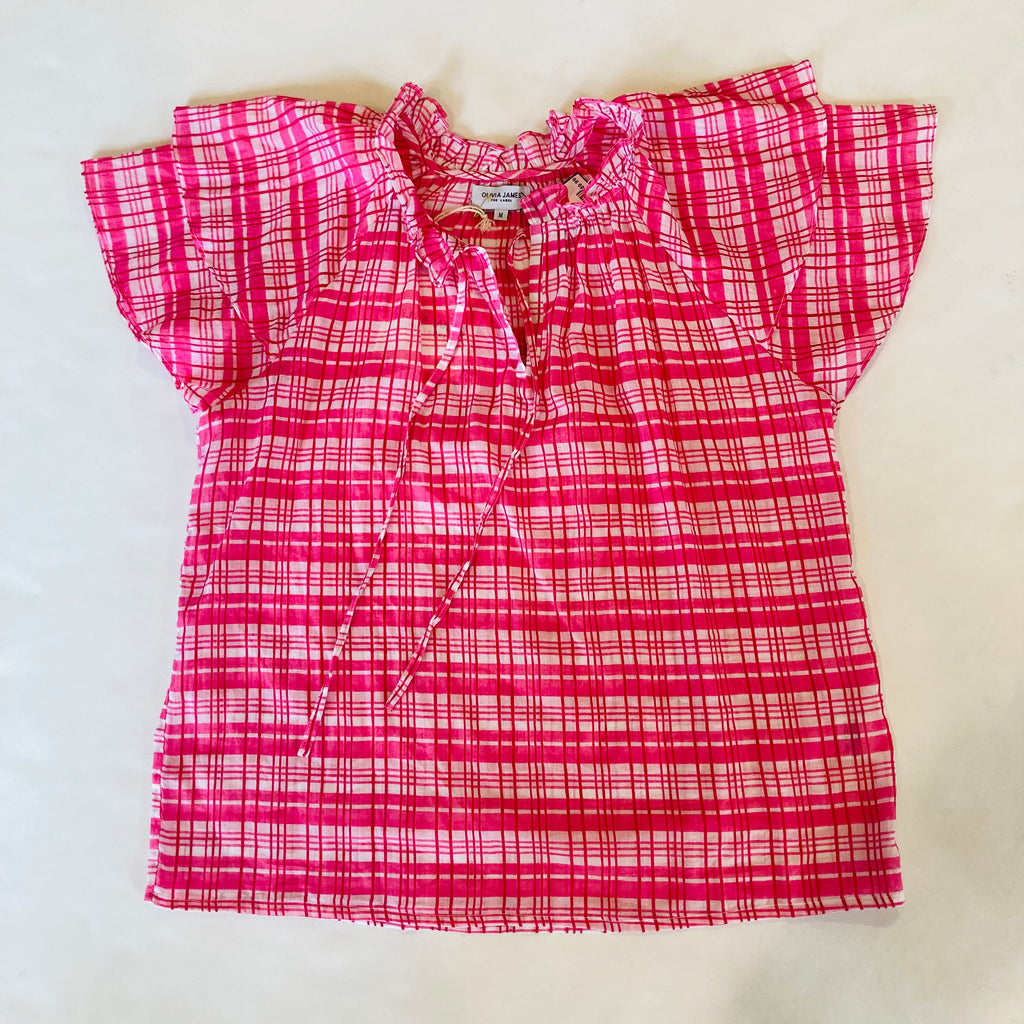 OLIVIA JAMES Rufl Slv Plaid Top Olva Plaid Pink Astrid Pink NWT Size M