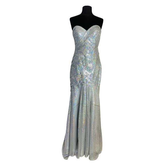 LOMAN Long Strapless Gown Iridescent Silver Size 8 NWT