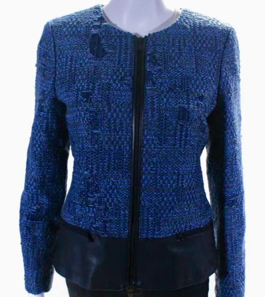 ECRU Blue Tweed & Leather Jacket Extra Small NWT