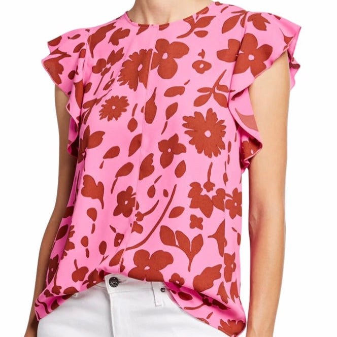 KATE SPADE Pink Floral Flutter Sleeve Blouse Top Size M