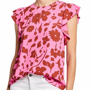 KATE SPADE Pink Floral Flutter Sleeve Blouse Top Size M