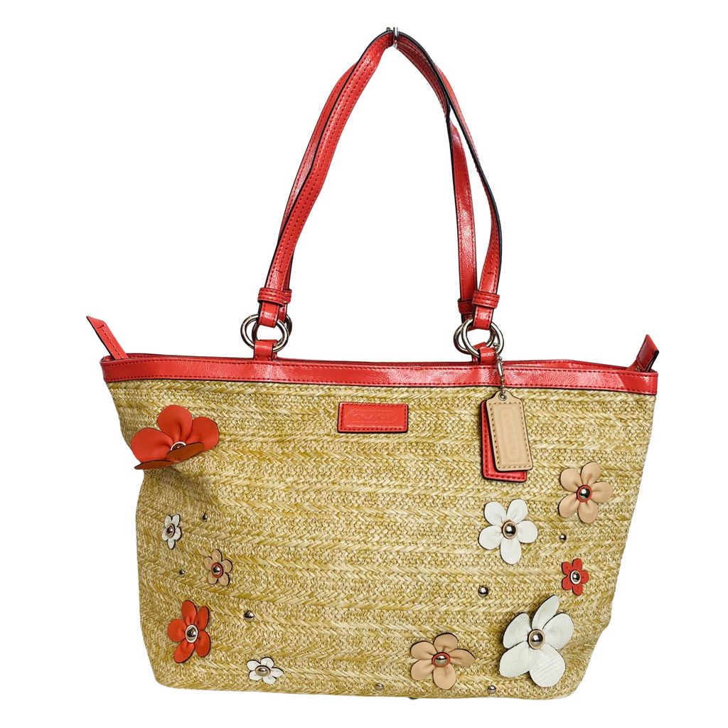 COACH Straw Floral Embellished Zip Top Tote Bag Coral Pink Patent Leather Trim Shoulder Bag