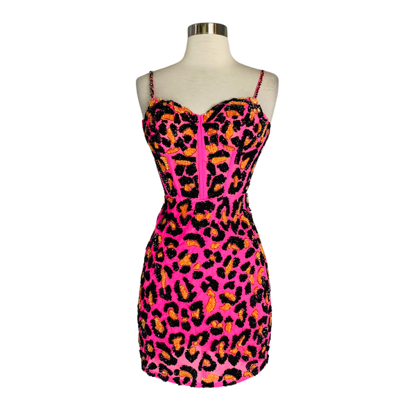ASHLEY LAUREN Style 4631 Short Gown Neon Pink Leopard Size 6