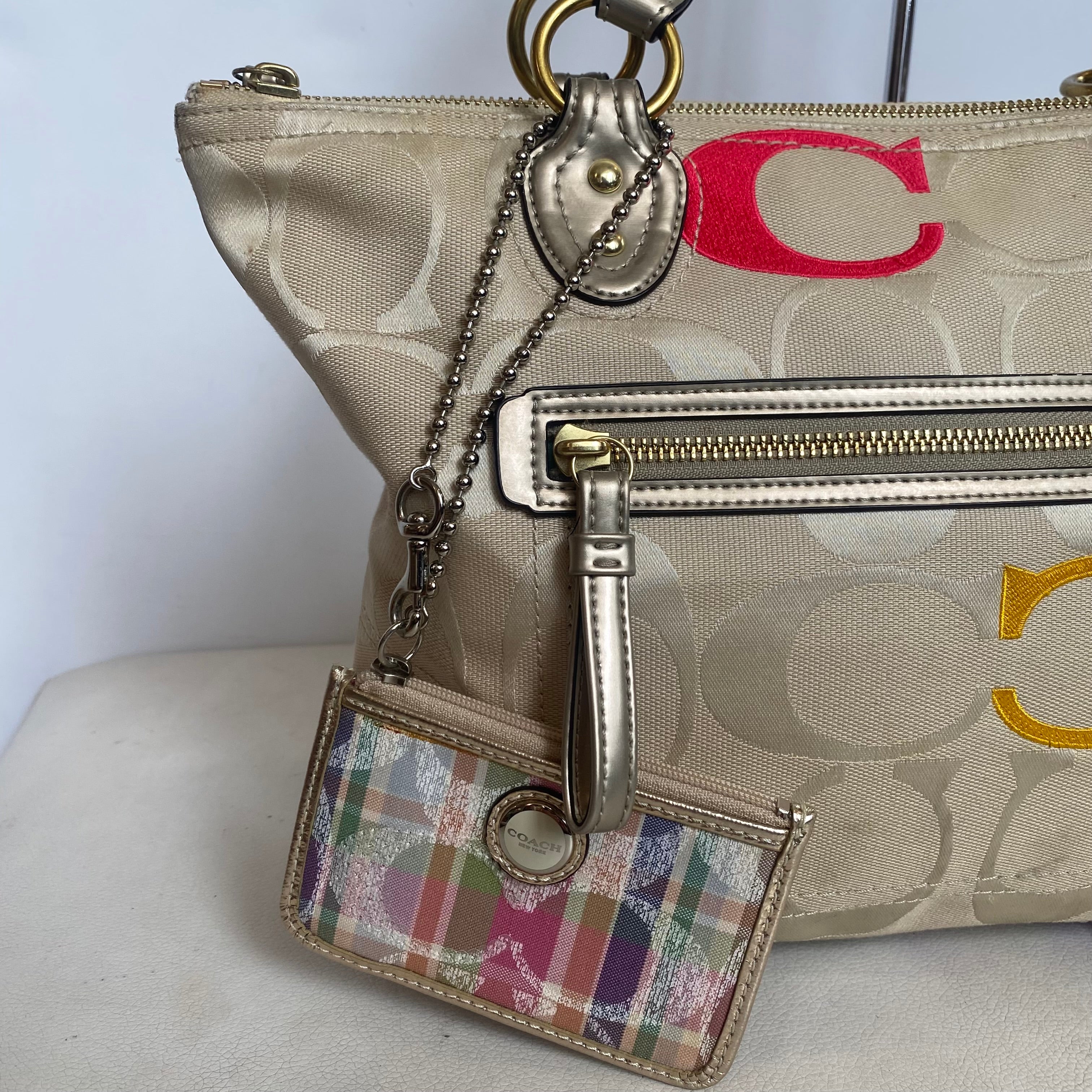 COACH #L1220-23521 Poppy Tote Shoulder Bag Embroidered C Tan