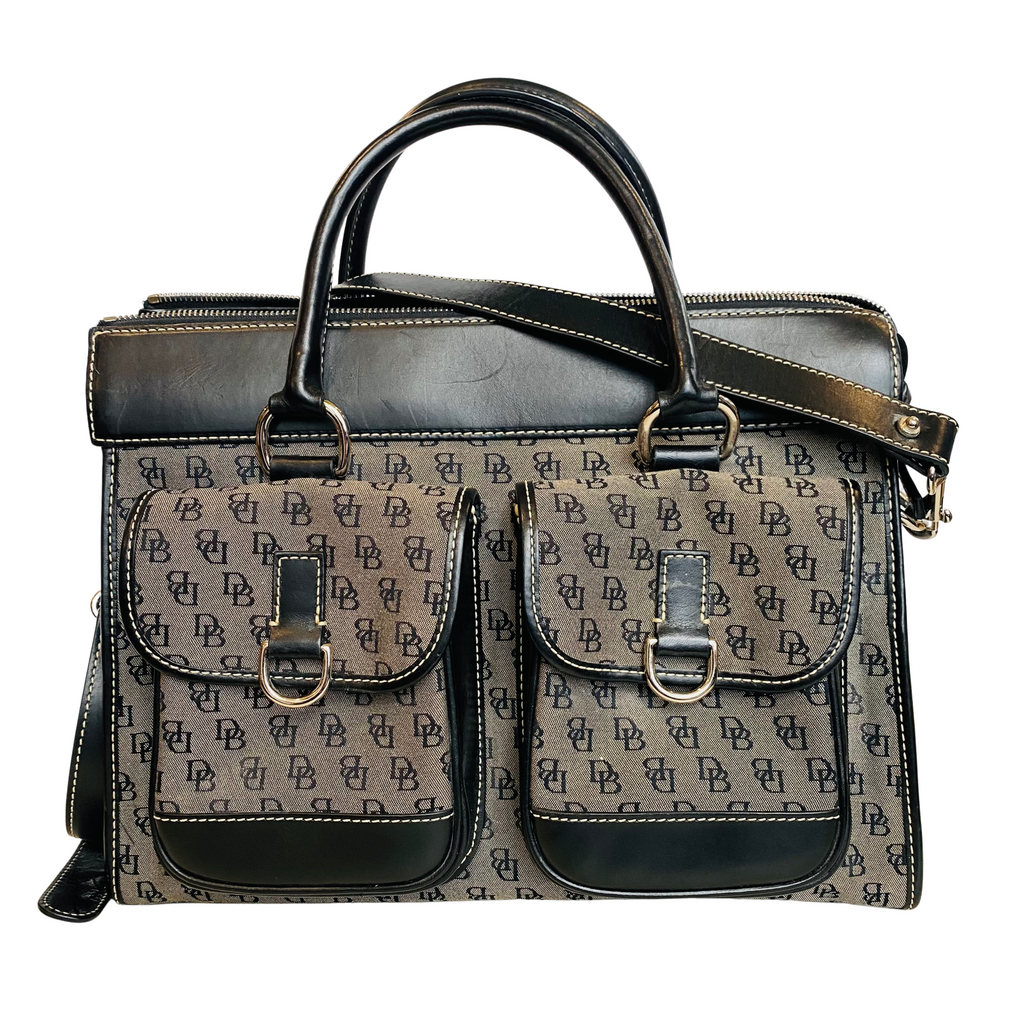 DOONEY & BOURKE Gray Canvas Black Leather Trim Signature Satchel Shoulder Bag Handbag