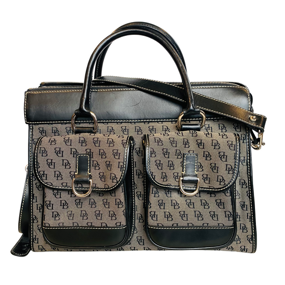 DOONEY & BOURKE Gray Canvas Black Leather Trim Signature Satchel Shoulder Bag Handbag