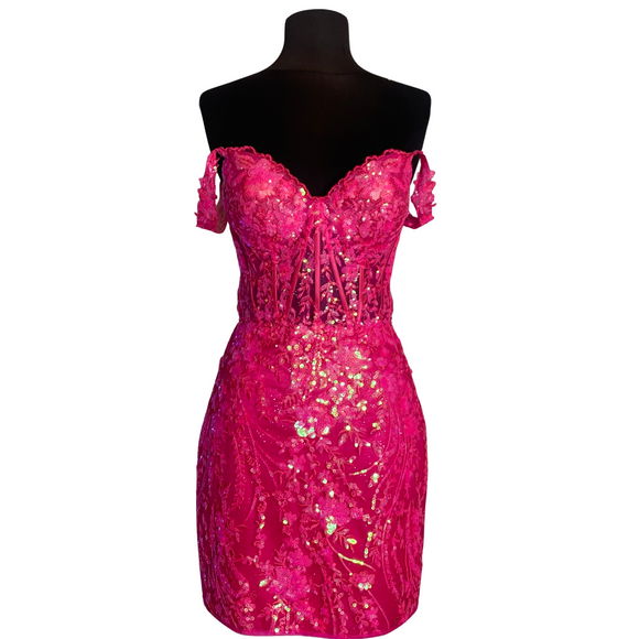 SHERRI HILL Style 56438 Short Corset Cocktail Dress Fuchsia Size 4